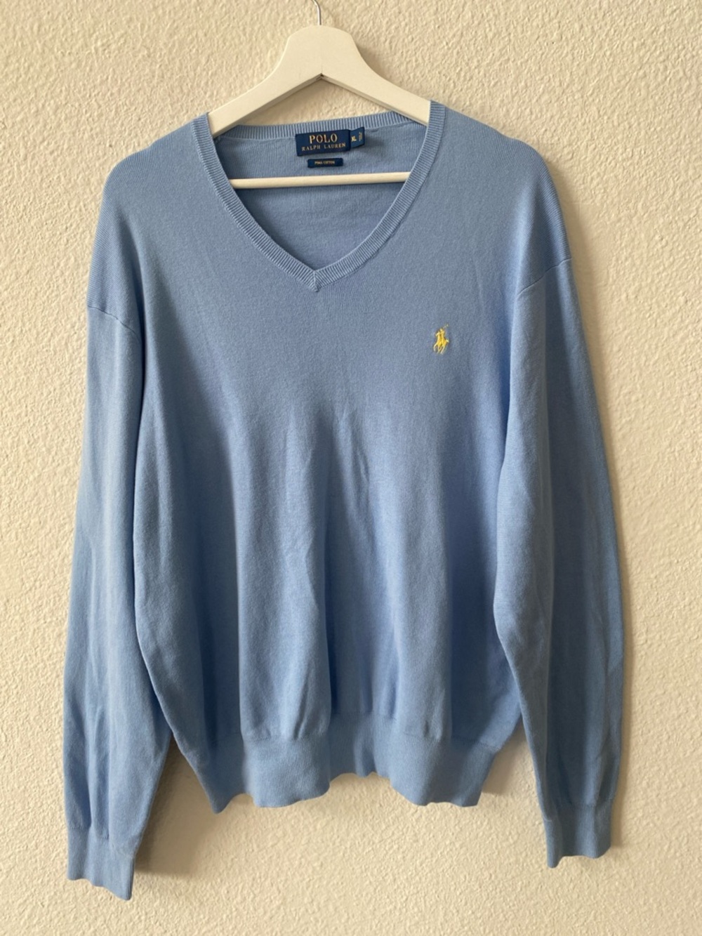 Polo by Ralph Lauren Sky Blue Pima Cotton V-Neck Sweater with Yellow Pony XL